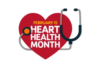 Graphic with stethoscope wrapped around a red heart. White letters read February is Heart Health Month. 