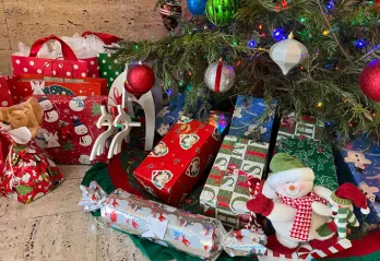 Gifts under decorated Christmas tree.