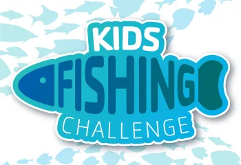 Blue fish background with Kids Fishing Challenge words in the design of a fish.