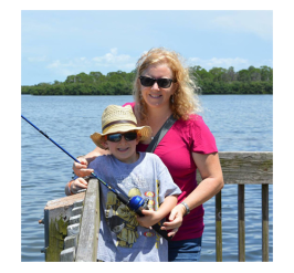 Mother and kid on the dock holding fishing rod together, wearing sunglasses. Sunny day, blue water, mangrove trees in the background