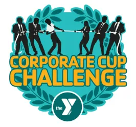 The Corporate Cup Challenge logo in golden yellow letters. Green circle with dark green leaf branches, white YMCA logo in dark green circle. Black graphic of six suited people playing tug of war.