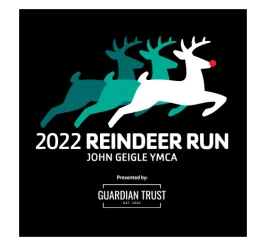 Three reindeer graphics, fill color dark green, green and white. White text reads 2022 Reindeer Run John Geigle YMCA. Presented by Guardian Trust sponsor logo.