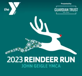 Green background with Y logo and white and designed reindeer logo. The text says 2023 Reindeer Run John Geigle YMCA and is presented by Guardian Trust 