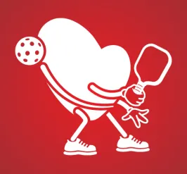 white animated heart playing pickleball on red background