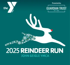 Green background with cartoon reindeer running promoting the Reindeer Run for John Geigle YMCA on December 13, 2025 at 8:30am
