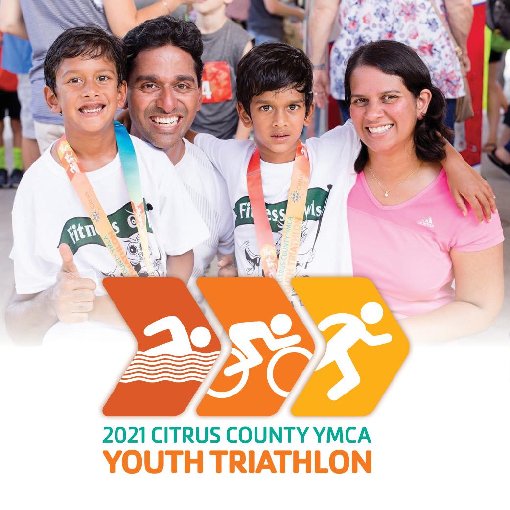 family wearing medals celebrating triathlon graphic reads 2021 citrus county ymca youth triathlon
