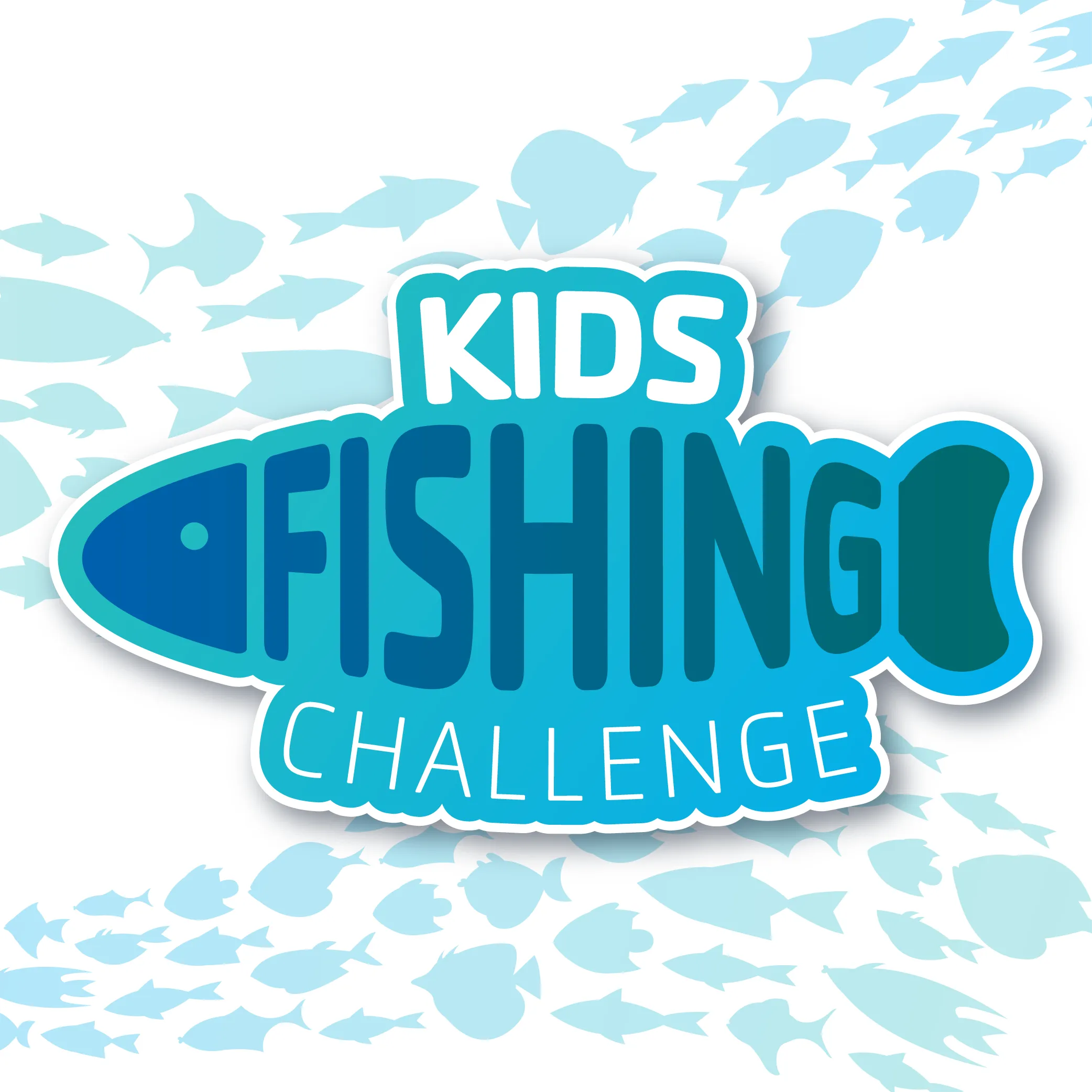 Blue fish background with Kids Fishing Challenge words in the design of a fish.