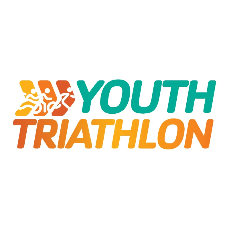 Graphic with chevrons including swimmer, biker and runner stick images. Youth Triathlon is written with green and orange text.