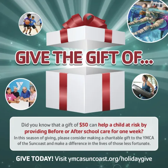 PHotos with gift box - says Give the Gift and details on the end of year donation campaign