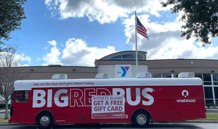 exterior photo of One Blood bus at Greater Palm Harbor YMCA