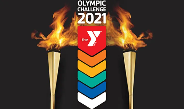 black background two lit torches on either side of graphic with arrows and Y logo. Text in white reads olympic challenge 2021