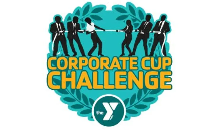 illustration of six people in office attire playing tug of war. Yellow text with green background reads Corporate Cup Challenge. The YMCA logo in white inside dark green circle background.