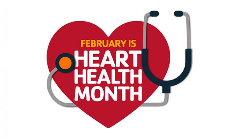 Graphic with stethoscope wrapped around a red heart. White letters read February is Heart Health Month. 