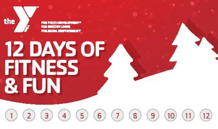 YMCA logo in white, white trees on lower half of the card, number 1 - 10 in circles below. White text on red background: 12 DAYS OF FITNESS & FUN.