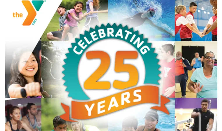 John Geigle YMCA graphic for 25 years in the community. Graphic in teal emblem with orange text celebrating 25 years. The background shows a compilation of photos of people in various activities at the YMCA.