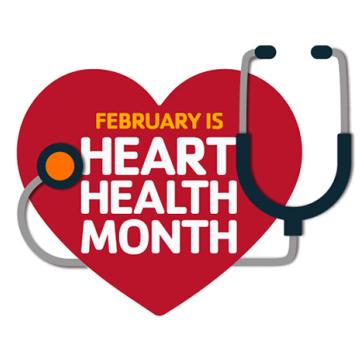 Graphic with stethoscope wrapped around a red heart. White letters read February is Heart Health Month. 