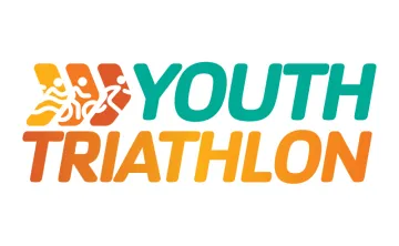 Graphic with chevrons including swimmer, biker and runner stick images. Youth Triathlon is written with green and orange text.